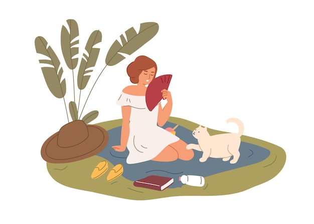 Вектор Измученная женщина отдыхает на природе и обмахивается жарким летом. человек с кошкой отдыхает на свежем воздухе, спасаясь от жары. цветная плоская векторная иллюстрация на белом фоне.