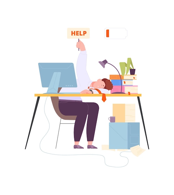 Exhausted worker. burnout desease at office computer desk, low employee battery, vector illustration