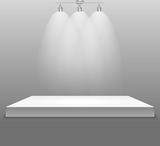 Exhibition concept, white empty shelf  stand with illumination on gray wal