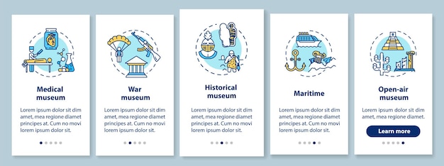 Exhibition and museum onboarding mobile app page screen with linear concepts. Open-air exposition. Five walkthrough steps graphic instructions. UX, UI, GUI vector template with illustrations