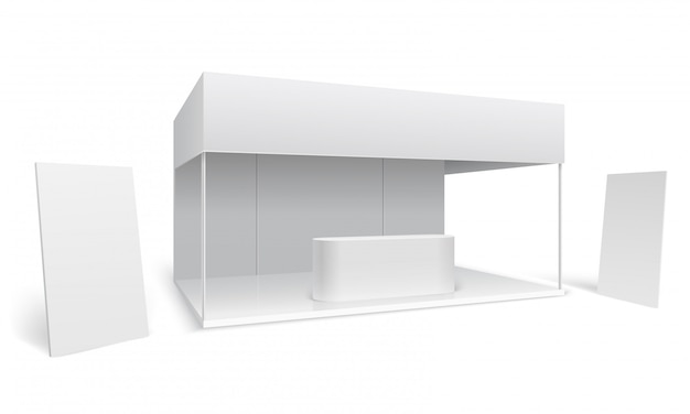 exhibition trade stand. white empty event marketing booth. promotion stand with display and standing banners 3d vector mockup