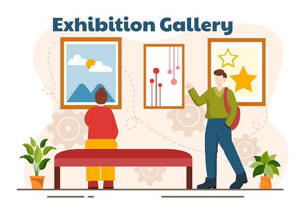 Exhibition Visitors Viewing a Gallery with Modern Abstract Painting at Contemporary in Exposition Hall in Flat Cartoon Background Vector Illustration