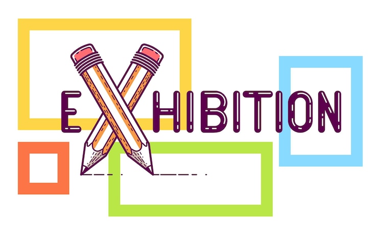 Vector exhibition word with crossed pencils instead of letter x, art and design, vector conceptual creative logo or poster made with special font.