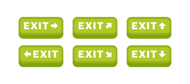 Exit button set na may arrow pointer. Emergency fire exit sign. Pointer para sa oryentasyon sa gusali