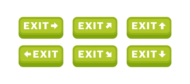 Exit button set with arrow pointer Emergency fire exit sign Pointer for orientation in the building