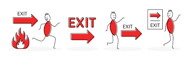 Segnale di uscita impostato. simbolo dell'uscita antincendio. stickman con l'illustrazione di vettore del segno del testo di uscita.