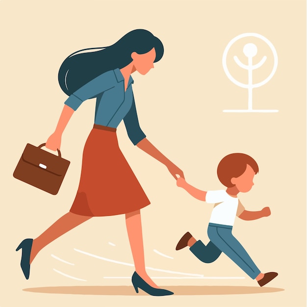 Вышедший мальчик берет свою маму на прогулку после работы в плоской иллюстрации дизайна