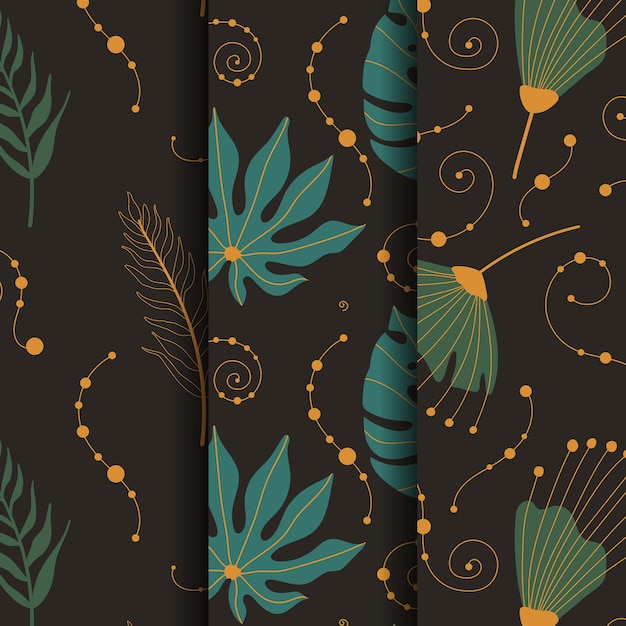 Exotic abstract foliage floral seamless patterns set vector illustration