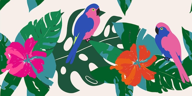 Vector exotic abstract tropical pattern with parrots colorful botanical abstract contemporary