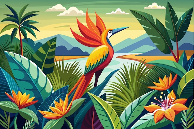 Vettore l'esotico uccello del paradiso fiorisce in un ambiente tropicale