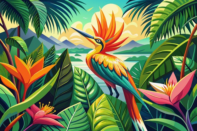 Vector exotic bird of paradise blooms in a tropical setting