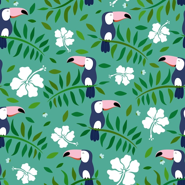 Exotic bird toucan leaves and flowers Cute seamless pattern