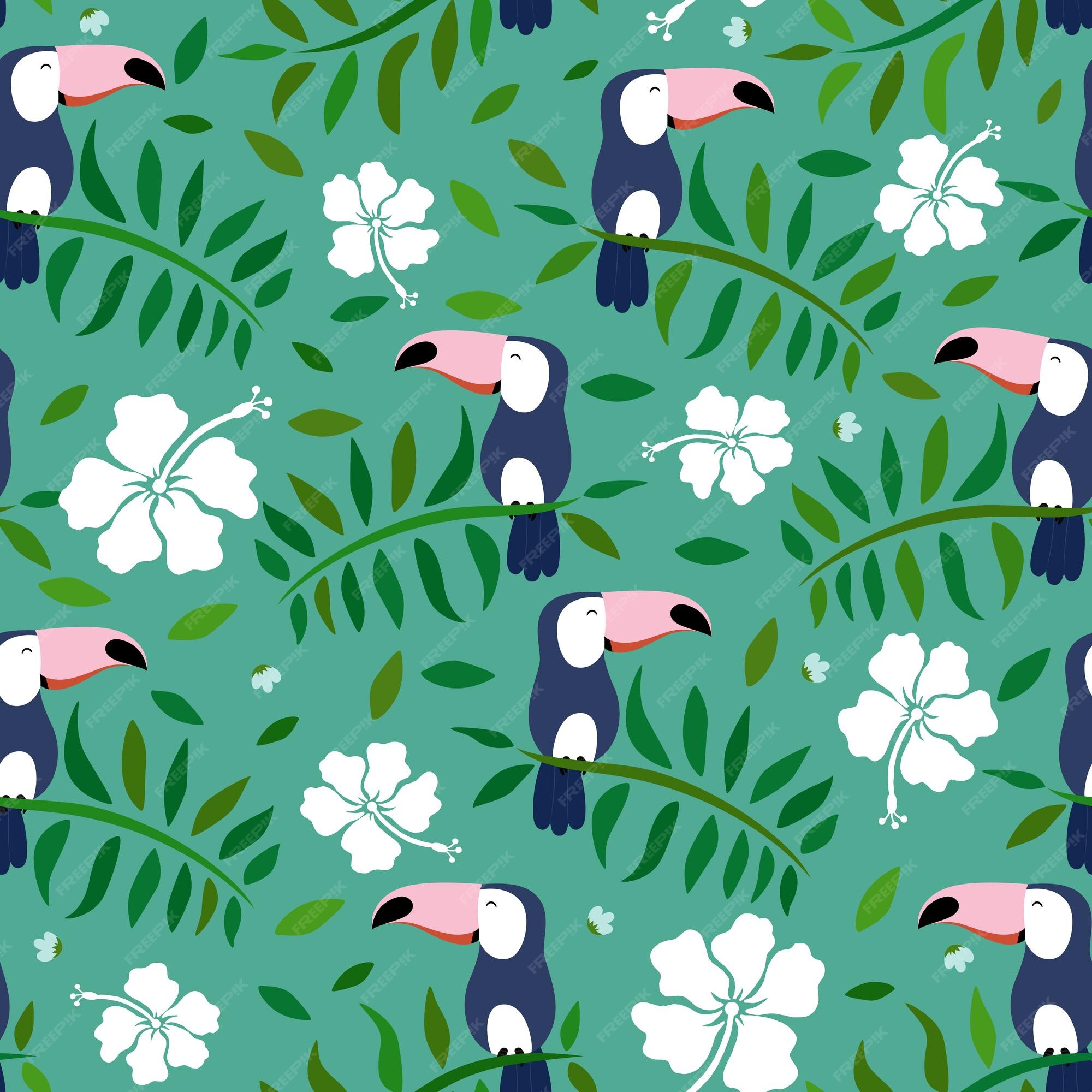 Premium Vector | Exotic bird toucan leaves and flowers cute seamless