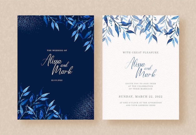 Vector exotic blue leaves watercolor with dark   on wedding invitation card