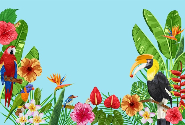 Exotic border with tropical birds Macaw Hornbill and plants illustration