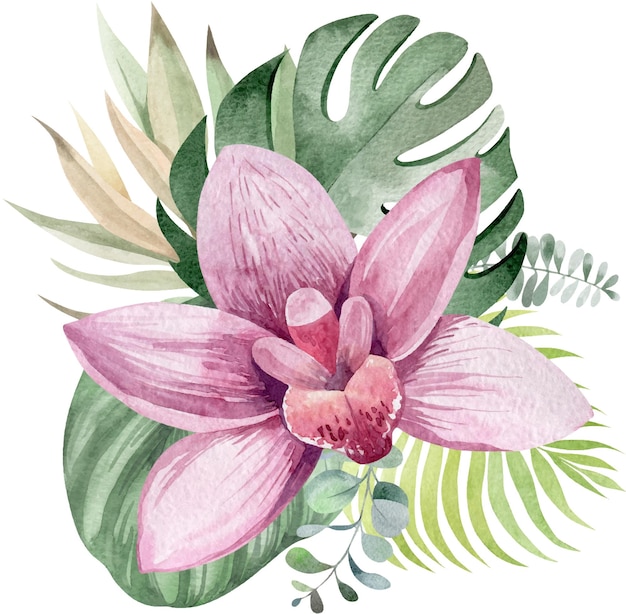 Vector exotic bouquets of tropical flowers and leaves