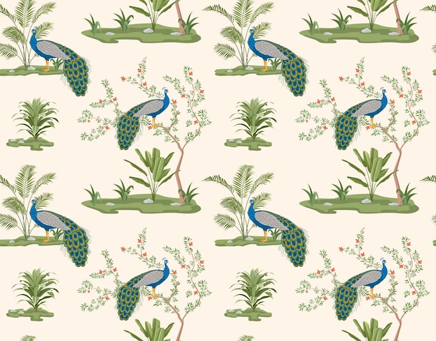 Vector exotic chinoiserie peacock seamless pattern