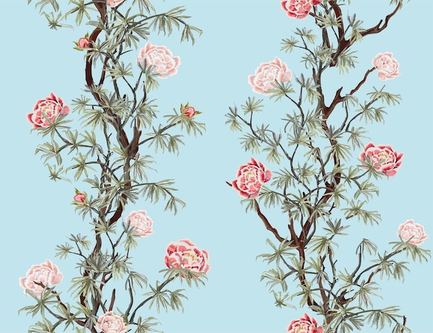 Exotic chinoiserie wallpaper with roses Floral seamless pattern on blue background Exotic jungle