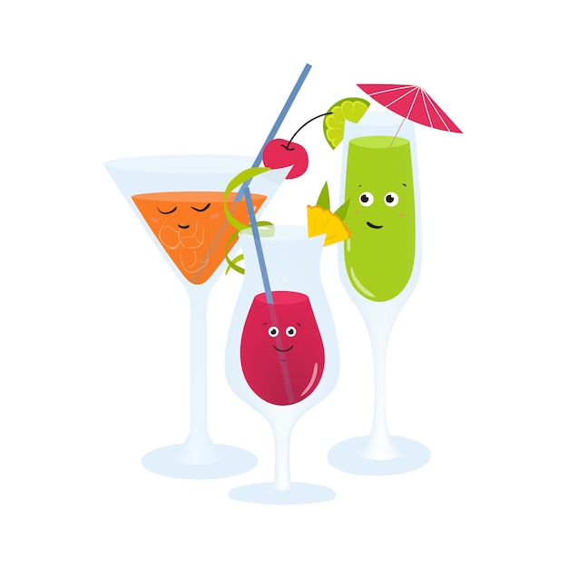Exotic cocktails in glasses with cute happy faces. Refreshing soft and alcohol drinks and beverages decorated with fruits, berries and umbrella. Colorful illustration in flat cartoon style.