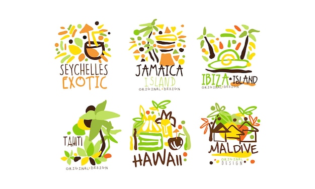 Vector exotic countries labels design vector set tropic travel destination collection