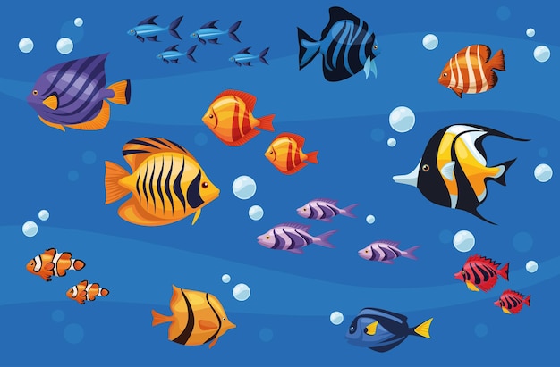 Vector exotic fishes underwater scene