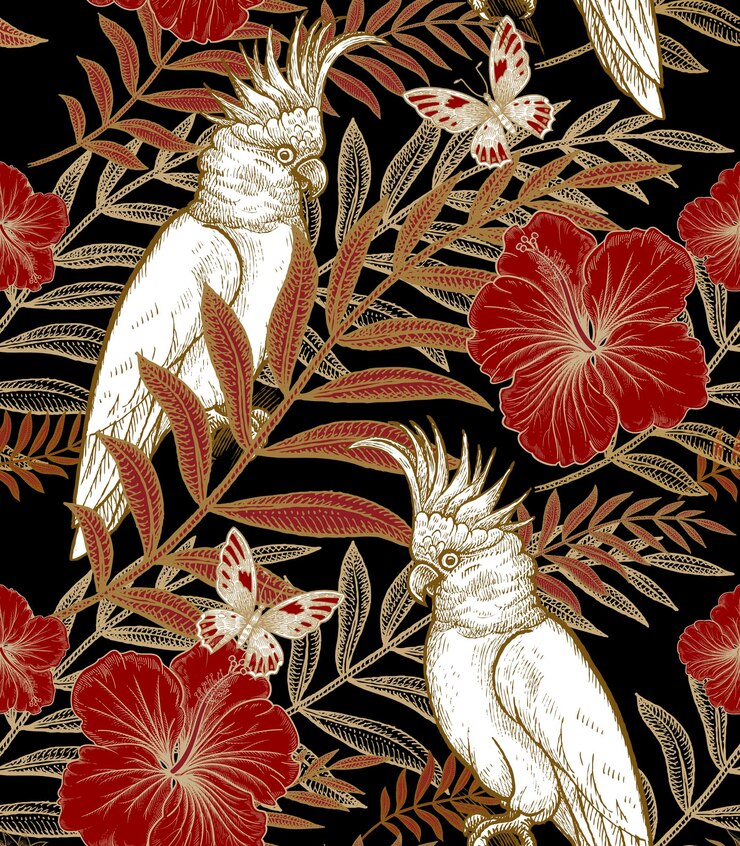 Vector exotic flowers and birds parrots seamless pattern gold foil white black and red vector