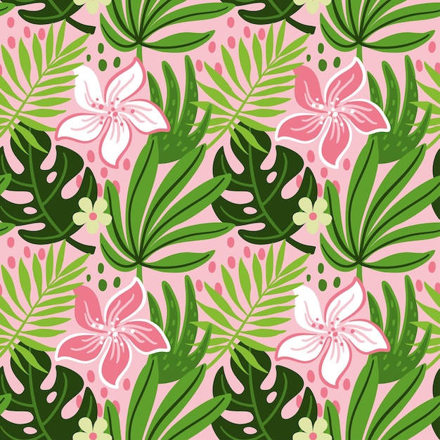 Exotic flowers and plants on pink background Summer print Vector