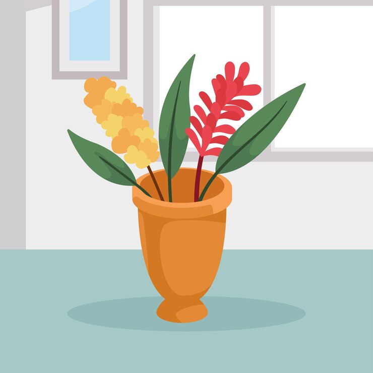 Vector exotic flowers in pot