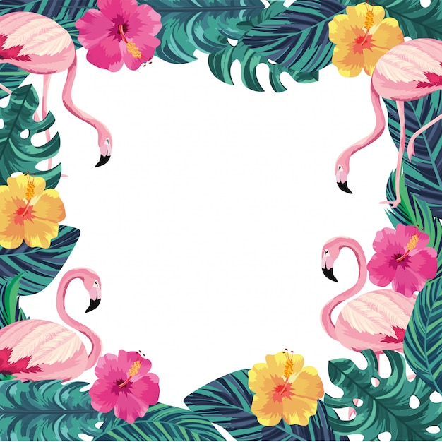 Vector exotic flowers with flamingos animals and leaves
