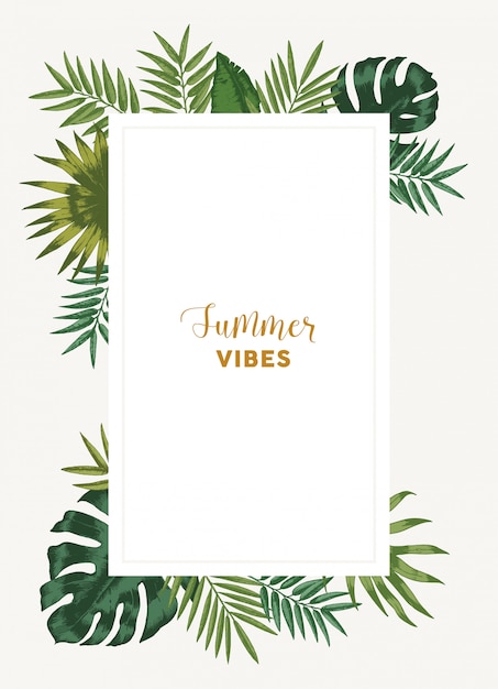 Vector exotic frame template with green leaves of jungle plants and place for text.