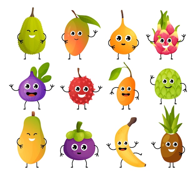 Personaggi di frutta esotica mascotte di cibo carino felice cartoon mango o banana con mani gambe e facce divertenti di emozione mockup di emoticon di ananas e pitaya isolato set di decorazioni per menu per bambini vettoriali