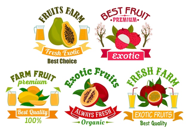 Vector exotic fruit and juice sign set for food design