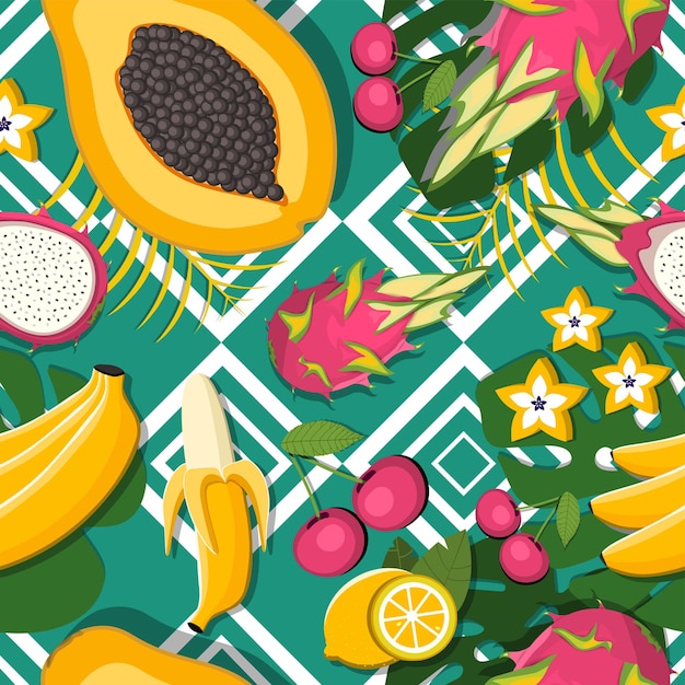 Frutta esotica modello papaia banana e illustrazione vettoriale di frutta del drago