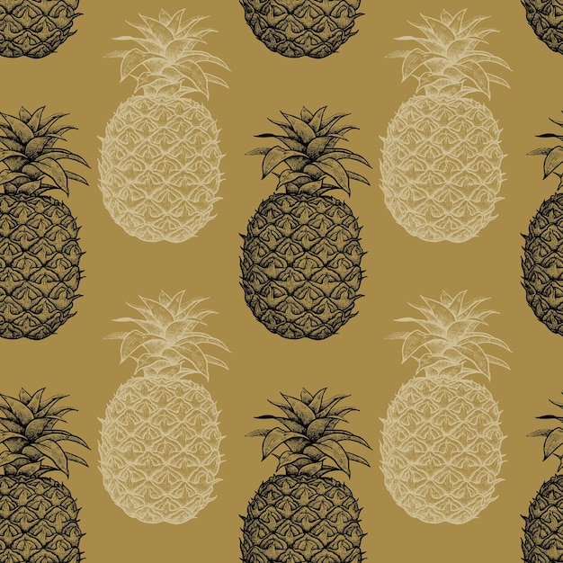 Exotic fruit pineapple Seamless pattern oriental style Vector Gold and black color