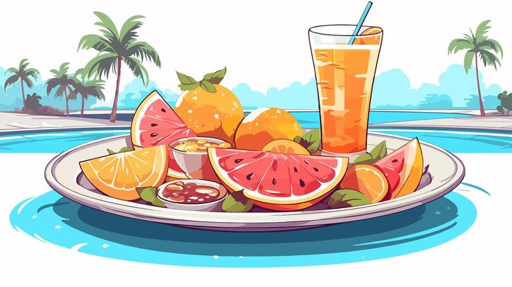 Vector exotic fruits and drink on plate by swimming pool