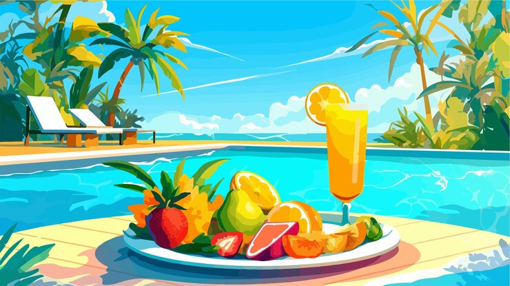 Vector exotic fruits and drink on plate by swimming pool