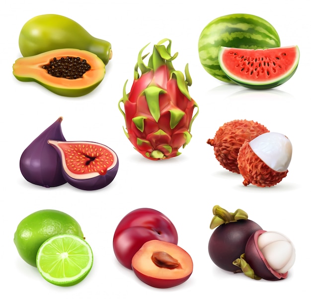 Exotic fruits set, juicy ripe, tropical fruits.