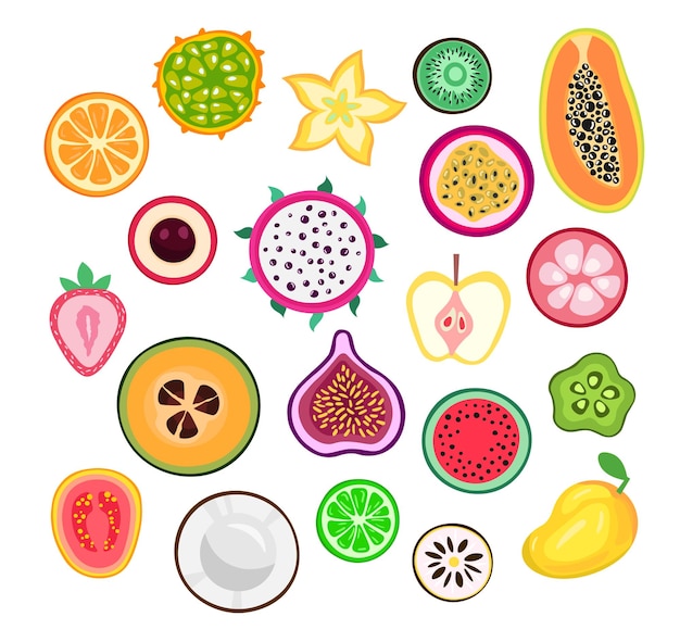 Vector exotic fruits slices set lychee passion fruit feijoa longan papaya guava fig mango pitaya