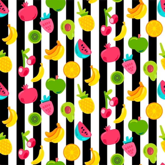 Exotic fruits on stripes seamless pattern Summer fruit cherry on black and white striped backdrop