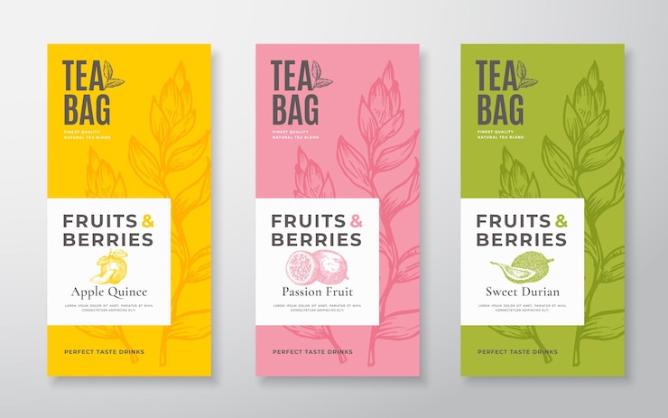 Vector exotic fruits tea labels set vector packaging design layouts bundle modern typography hand drawn tea...