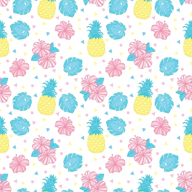 Vector exotic fruits on a white background. seamless background with pineapples