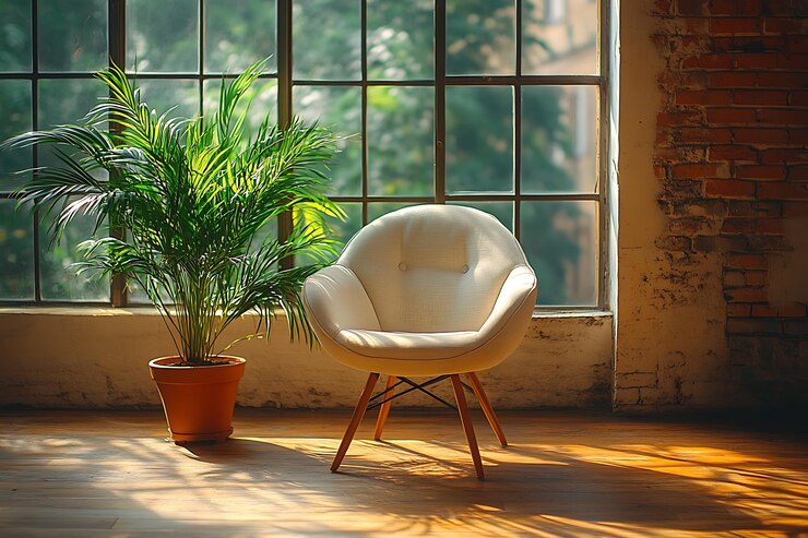 Vector exotic house plant with comfortable armchair in room interior