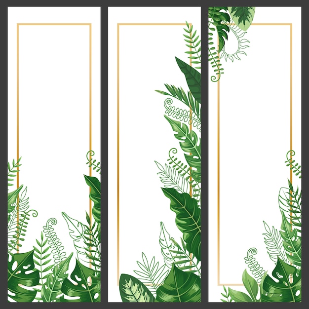 Vettore banner di foglie esotiche. set di bandiere verticali tropicali foglia di monstera, ramo di palma e vintage hawaii natura piante