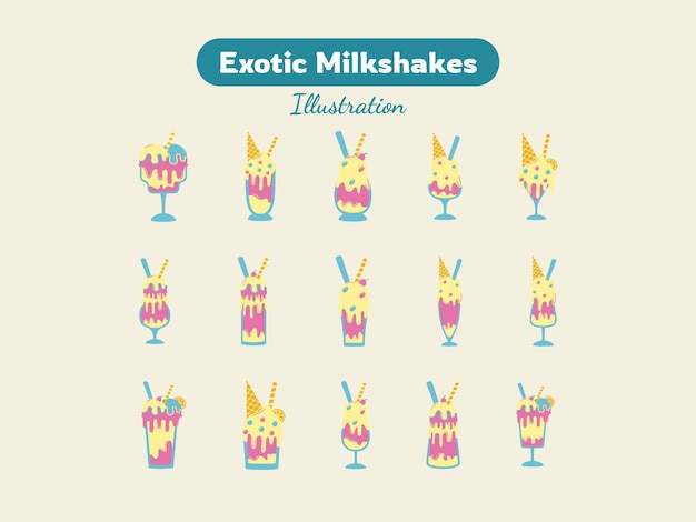 Vector exotic milkshakes in glasses with straws illustration