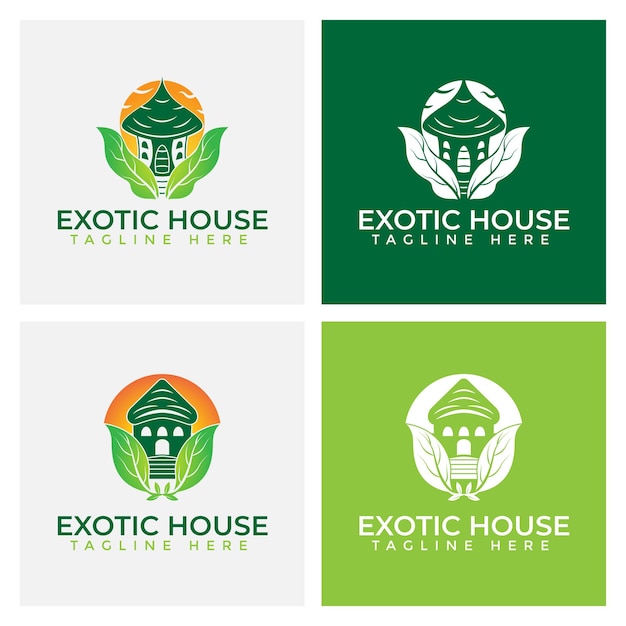 Exotic nature house logo design template inspiration with green leaves and summer time