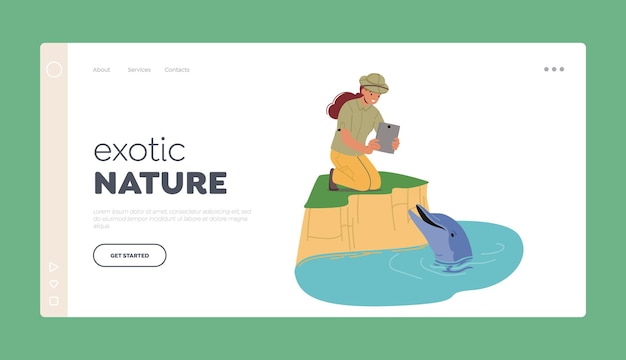 Exotic nature landing page template ocean fauna scientist or zoologist female character photographing dolphin