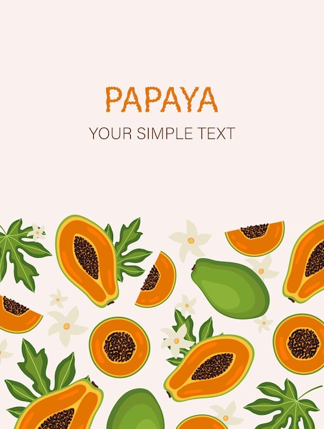 パステルカラーの背景にエキゾチックなパパイヤフルーツカードのデザインオーガニック夏のフルーツ