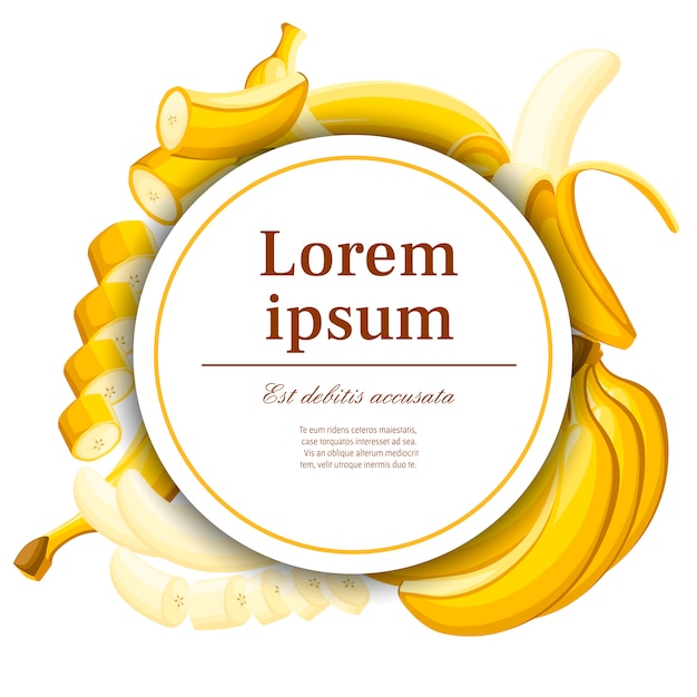 Modello esotico. banana e fette di banane .. concetto per la cartolina e la pubblicità. cerchio bianco con posto per il testo. illustrazione per poster decorativo