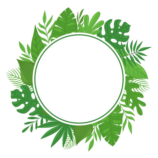 Exotic round tropical frame with banana leaves monstera and palm leaves