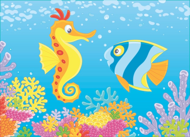 Exotic seahorse and a butterflyfish swimming among colorful corals on a reef in a tropical sea